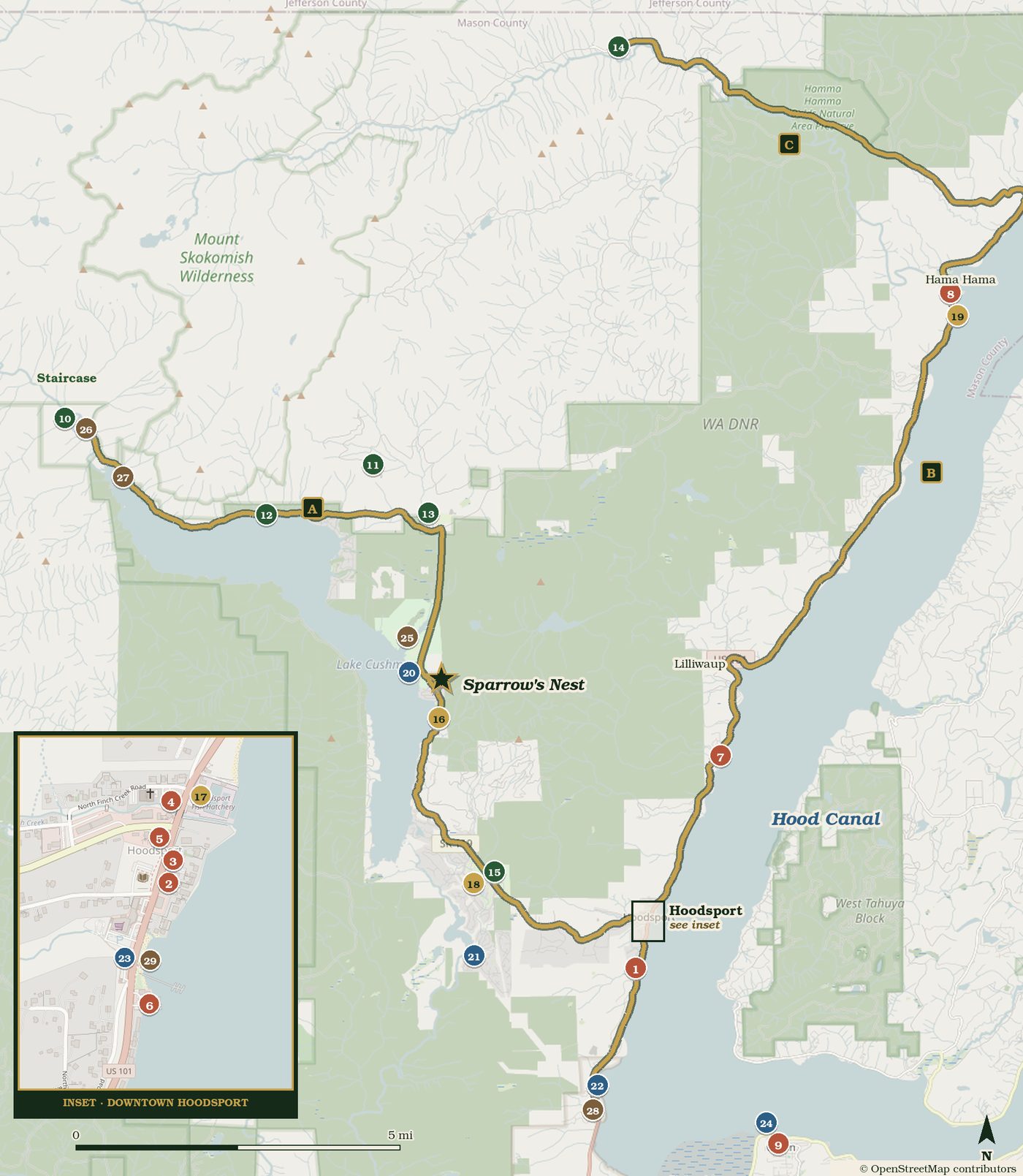 Map of restaurants, hiking trails, scenic drives, must-visit spots, boat launches and parks around Hoodsport, Lake Cushman and Hood Canal, with Sparrow's Nest marked by a star