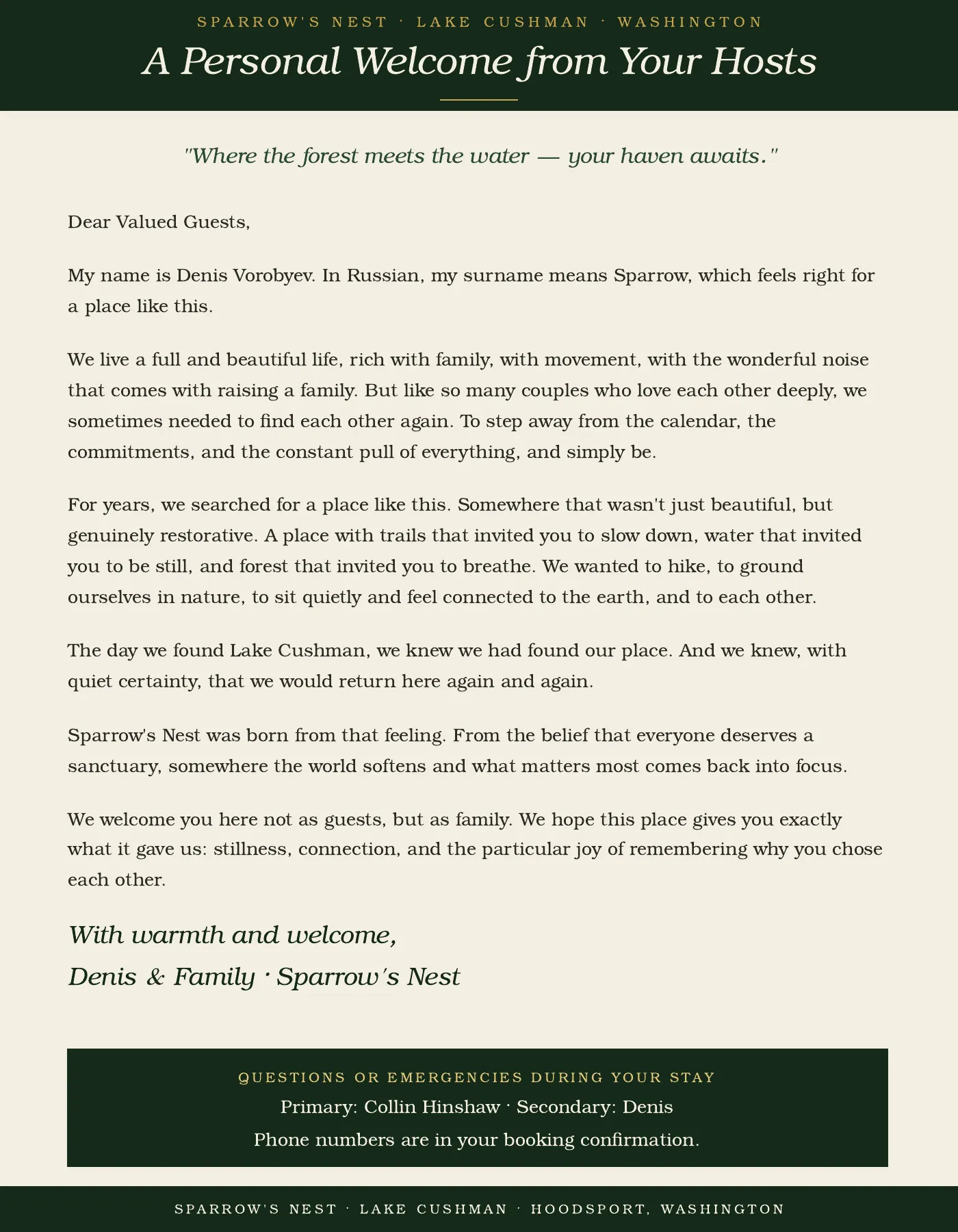 Guest guide page 2: A Personal Welcome from Your Hosts