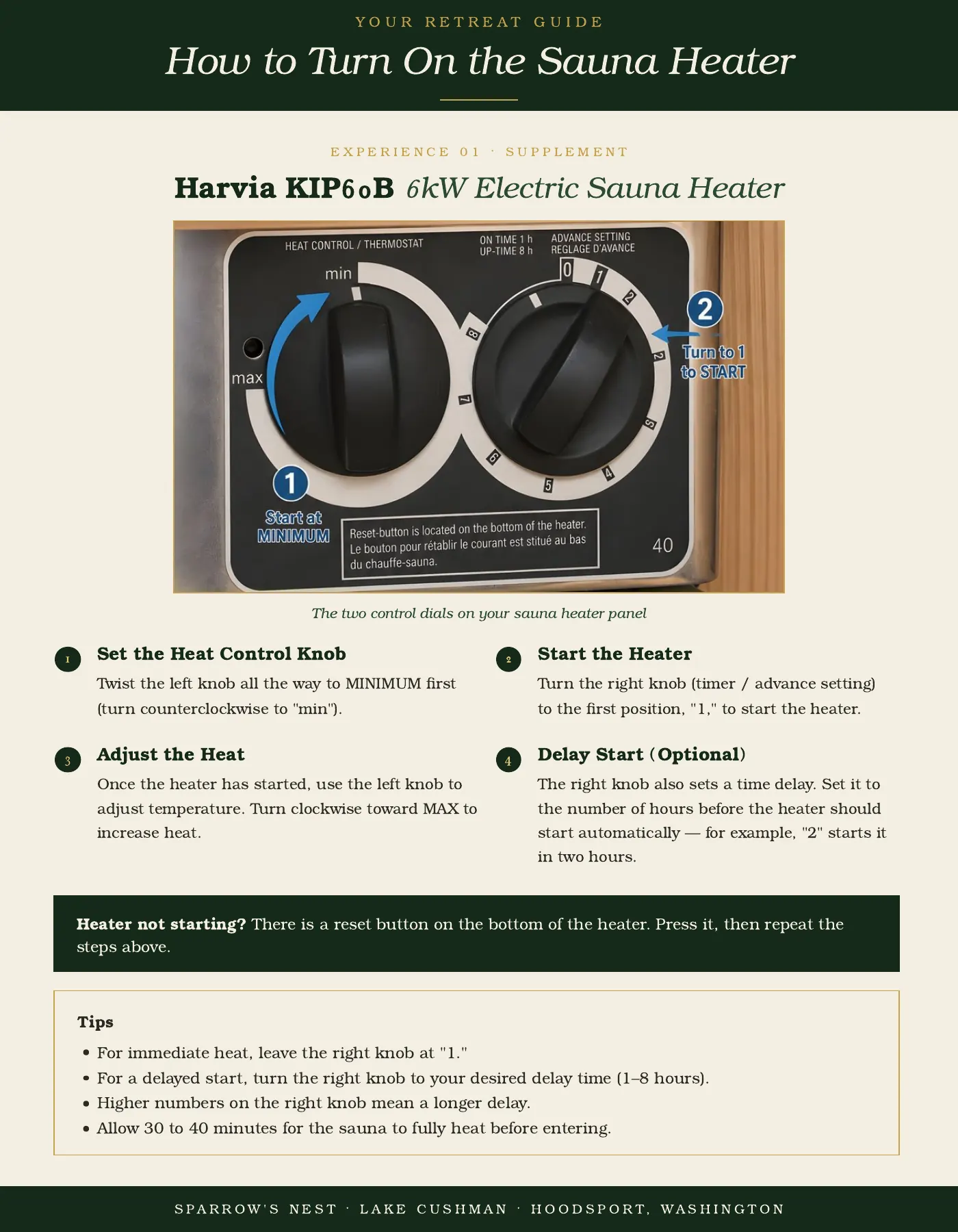 Guest guide page 5: How to Turn On the Sauna Heater