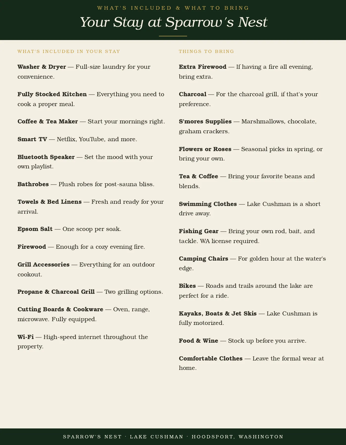 Guest guide page 13: Your Stay at Sparrow's Nest